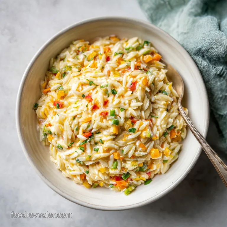 A vibrant plate of orzo and creamy cottage cheese, garnished with fresh basil and a sprinkle of red pepper flakes.