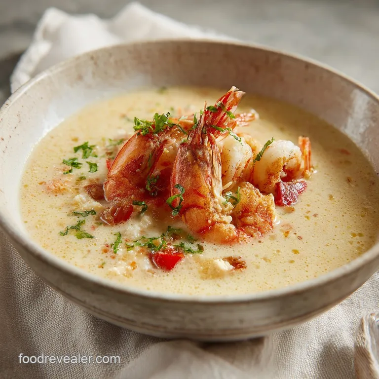 Elegant white bowl filled with rich bisque, topped with juicy shrimp, vibrant herbs and a drizzle of cream. A spoon rests...
