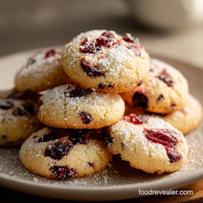 Stack of sugared cranberry orange cookies tied with festive ribbon, beside a glass of milk, creating a cozy holiday scene.