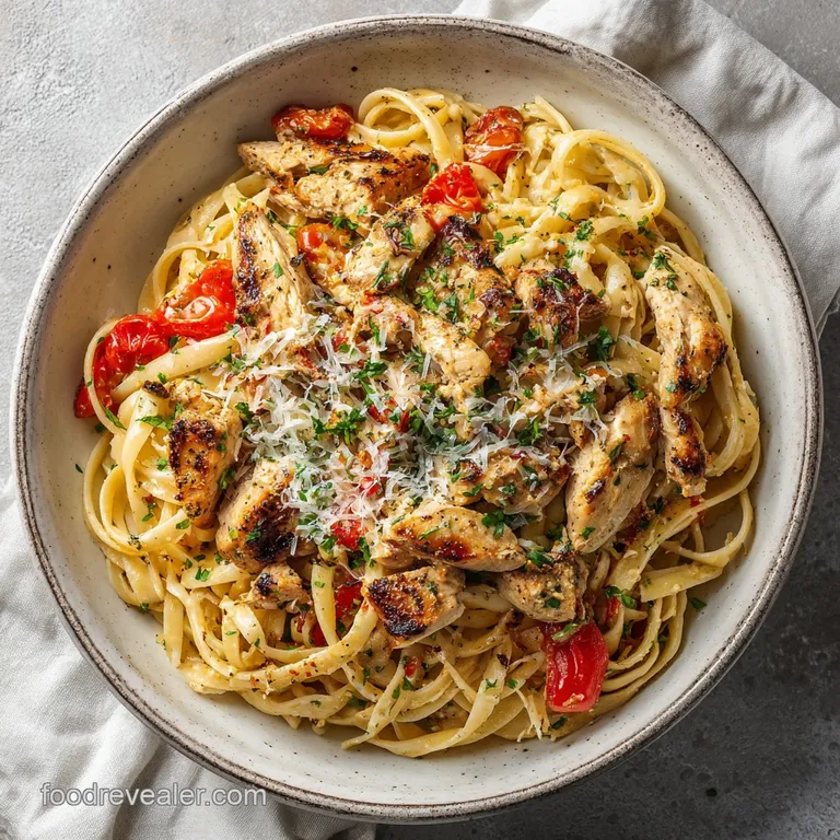 A fork twirls creamy Cajun chicken pasta, showcasing plump chicken pieces and colorful bell peppers on a white plate.