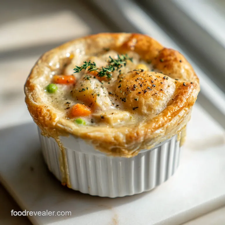 A slice of chicken pot pie, golden crust flaking, revealing tender chicken and vibrant vegetables on a white plate.