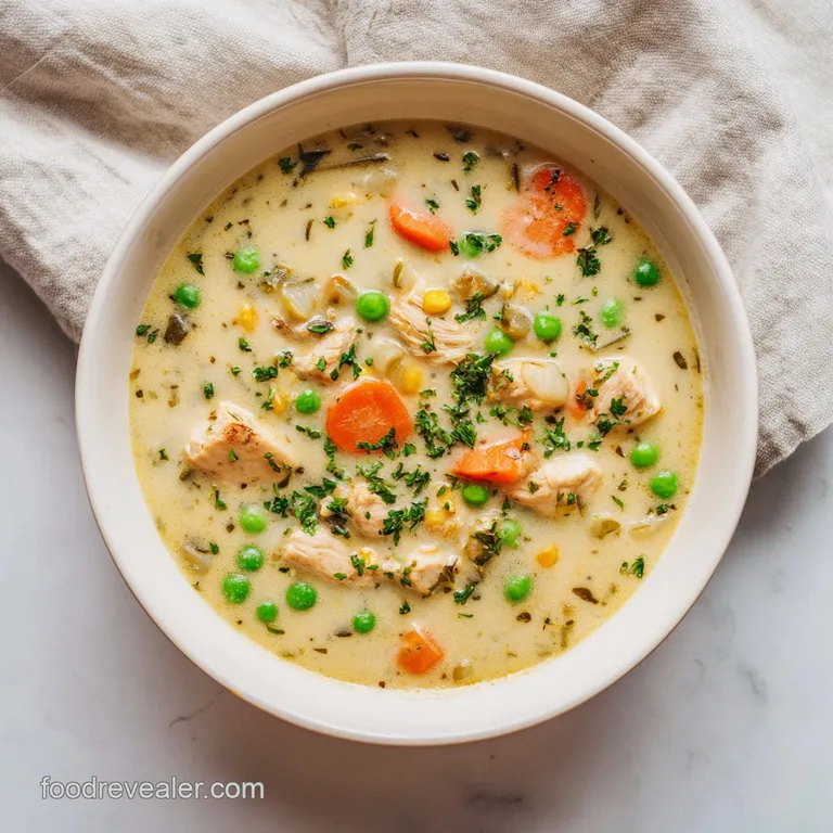 A hearty bowl of chicken pot pie soup, topped with flaky pastry and a sprinkle of fresh herbs, artfully plated.