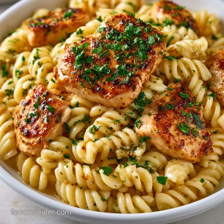 Elegantly twirled pasta topped with seared chicken pieces and lemon wedges in a clean, white porcelain shallow bowl.