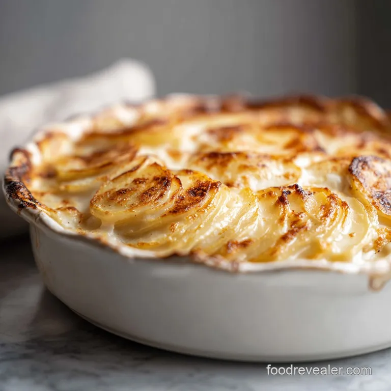 Elegant serving of creamy scalloped potatoes with a sprig of thyme. Notice the glossy, inviting surface and slightly brown...