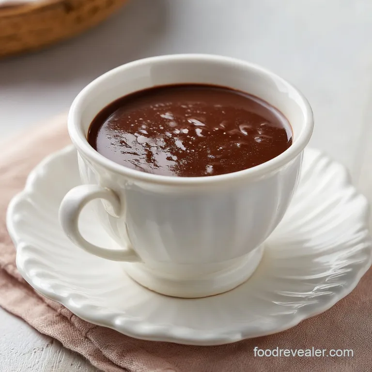 A cozy mug of creamy hot chocolate, swirled with whipped cream and a drizzle of chocolate sauce, on a rustic wooden surface.