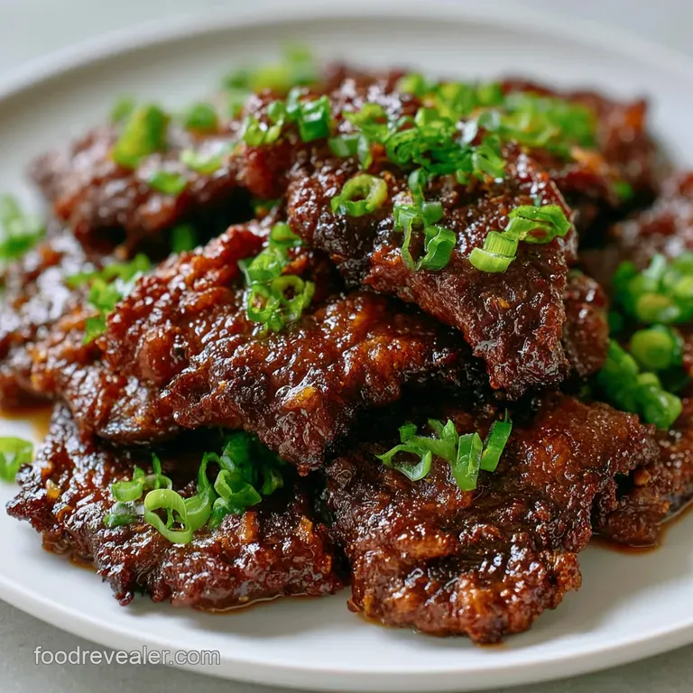 Slices of glazed beef garnished with toasted sesame seeds and green onions atop a bed of fluffy white rice.