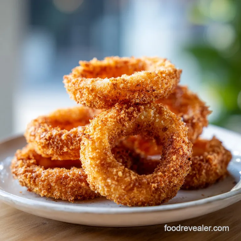 Stack of golden onion rings served in a metal basket, next to dipping sauce in a small white ramekin.
