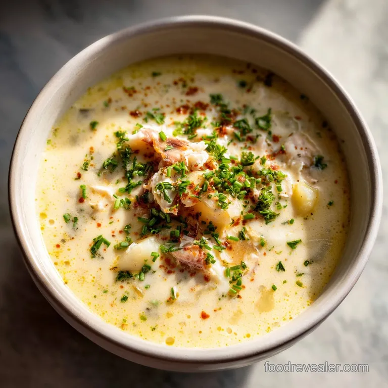 A swirl of cream and vibrant green chives adorn a bowl of rustic potato soup. Crispy bacon bits add appealing texture.