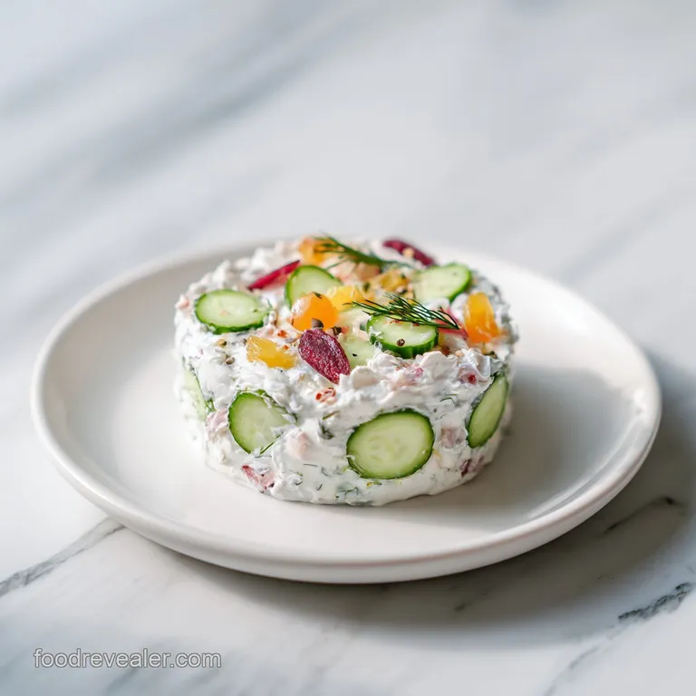 Elegant swirl of light green cucumber cream cheese dip on a plate, garnished with fresh dill sprigs and thin cucumber ribb...