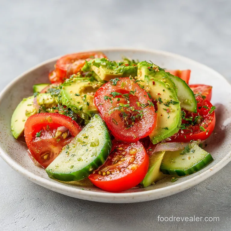 A beautifully arranged plate of refreshing cucumber, tomato, and avocado salad, glistening with a light dressing.