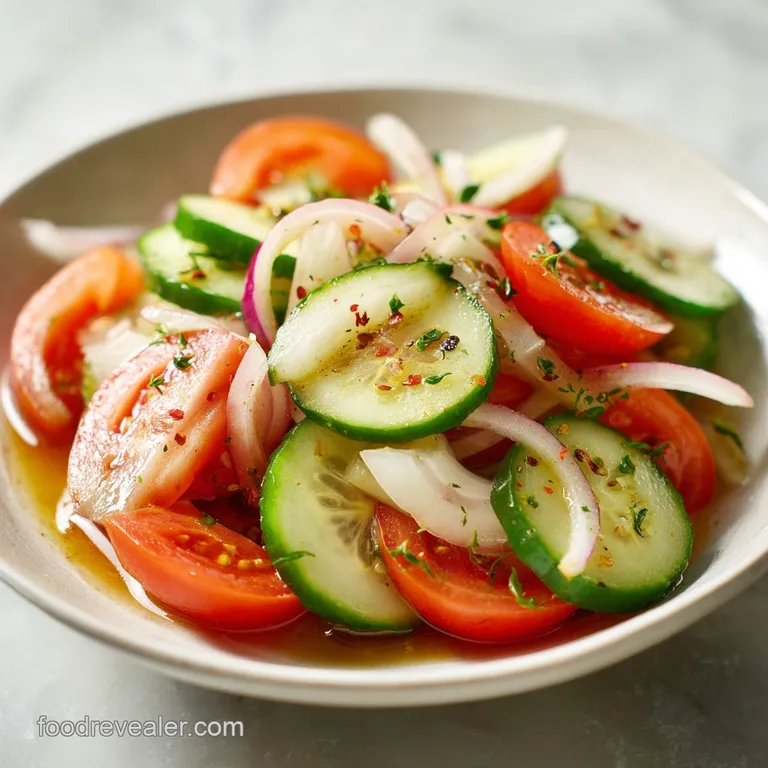 Bright cucumber tomato salad in a clear bowl. Visible moisture suggests juicy, refreshing flavors. Herbs sprinkled on top ...