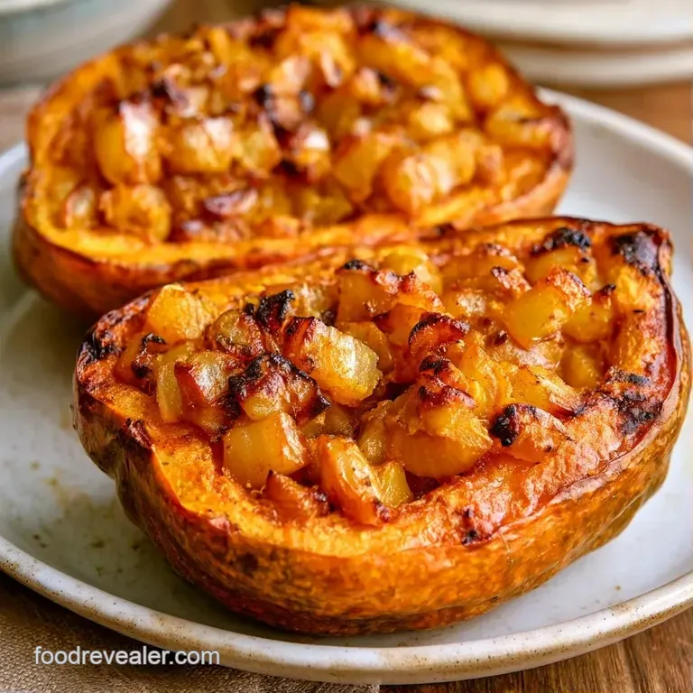 Acorn squash halves on a white platter, each cavity mounded with earthy spiced lentils and tender orange flesh.
