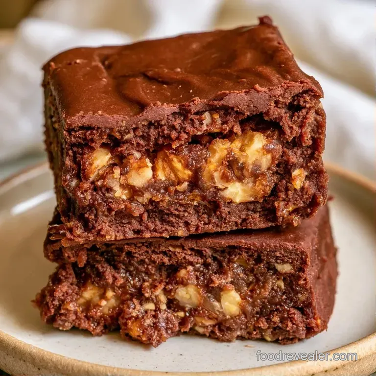 Three elegant squares of rich brown treats arranged on a slate platter with scattered walnut halves and sea salt.