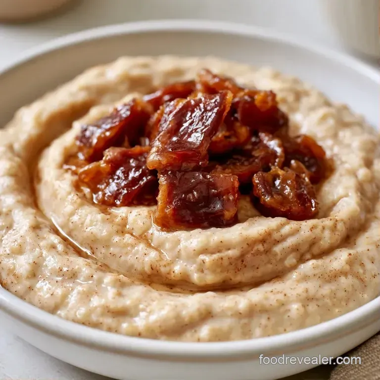 Velvety oat mixture in a white ceramic bowl garnished with sliced dates, a mint leaf, and toasted slivered almonds.
