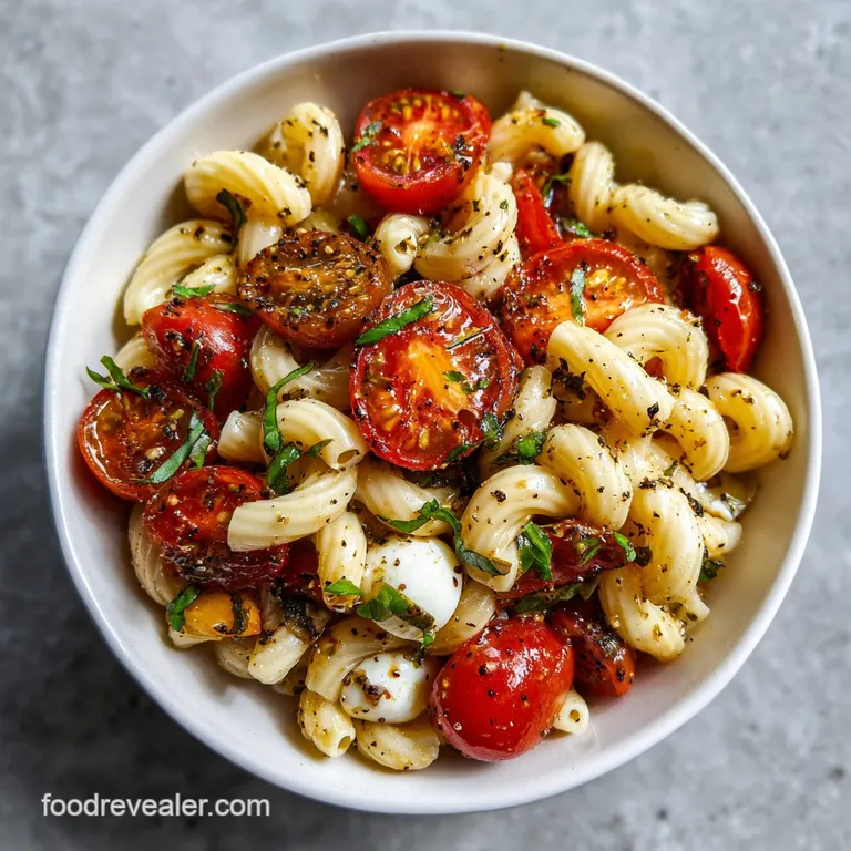 Caprese pasta salad elegantly plated, glistening with olive oil, basil sprigs adding fresh green pops against creamy white.