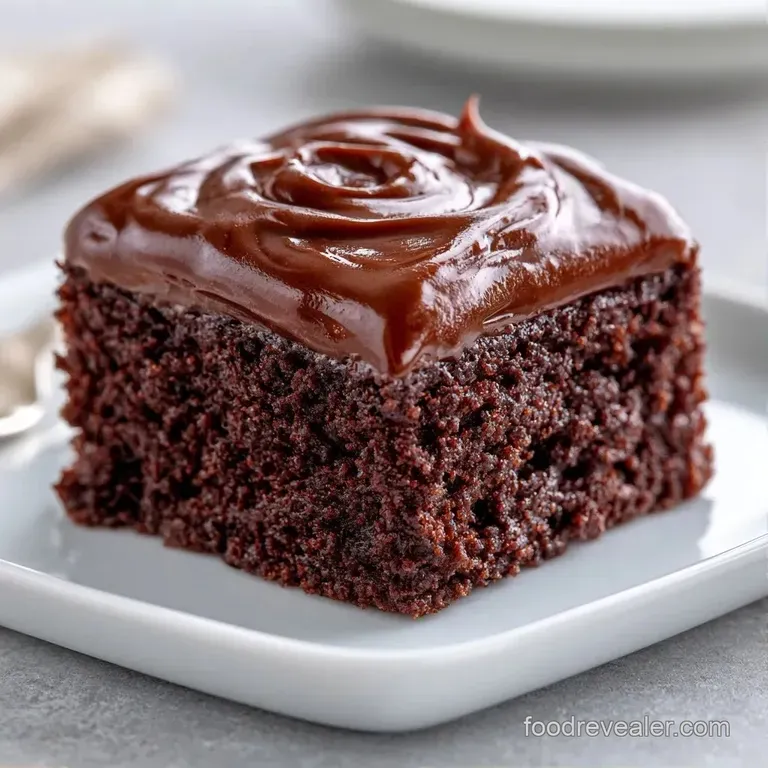 A neat square slice of moist dark chocolate cake topped with creamy frosting and a fresh red raspberry.