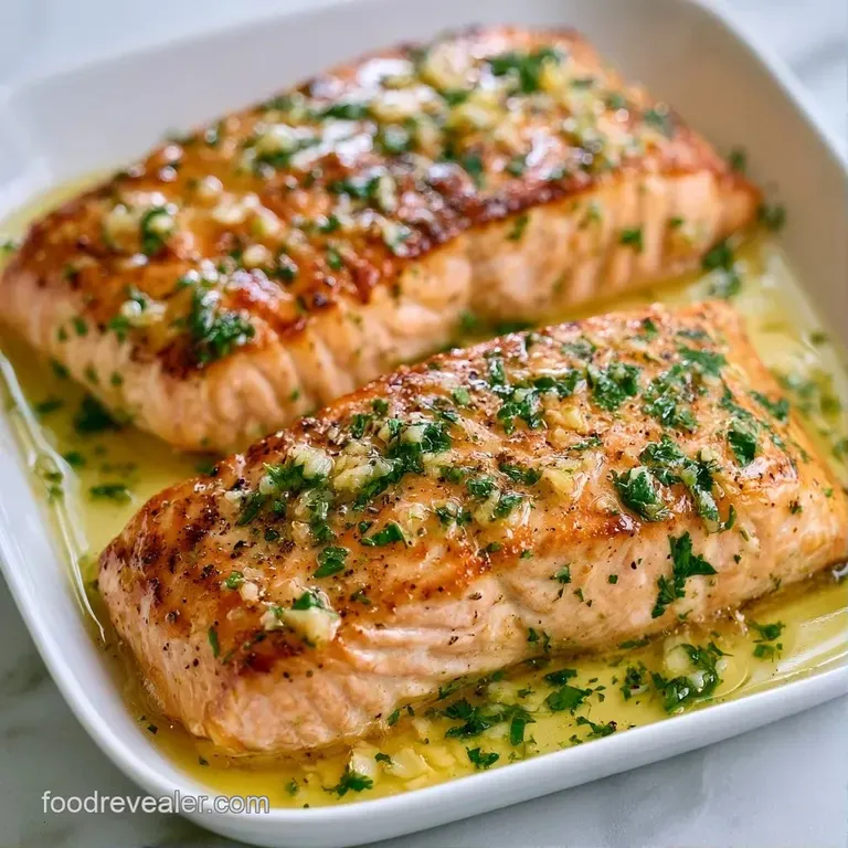 Flaky pink salmon fillet garnished with bright lemon wheels and fresh green parsley on a slate grey dinner plate.
