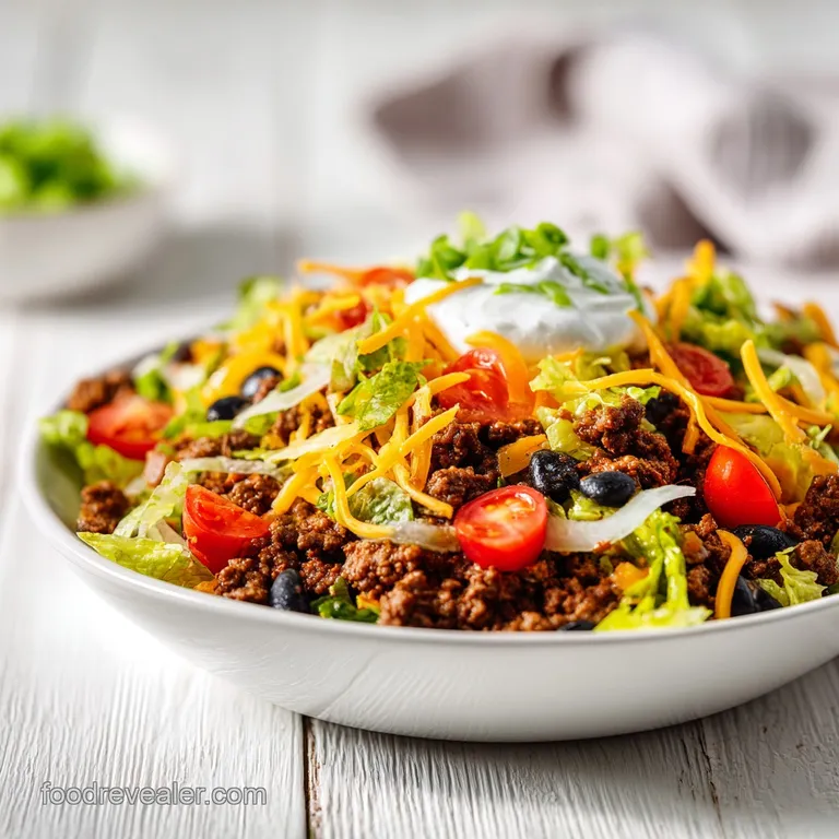 An artfully arranged taco salad bowl, overflowing with colorful ingredients and a dollop of sour cream.