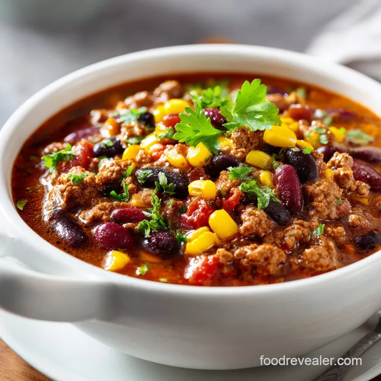 A vibrant bowl of taco soup topped with a swirl of sour cream and fresh cilantro sprigs.