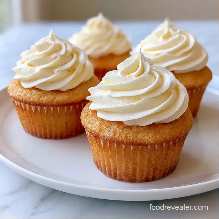 An elegant array of creamy frosted cupcakes on a marble platter with soft, warm natural morning light.