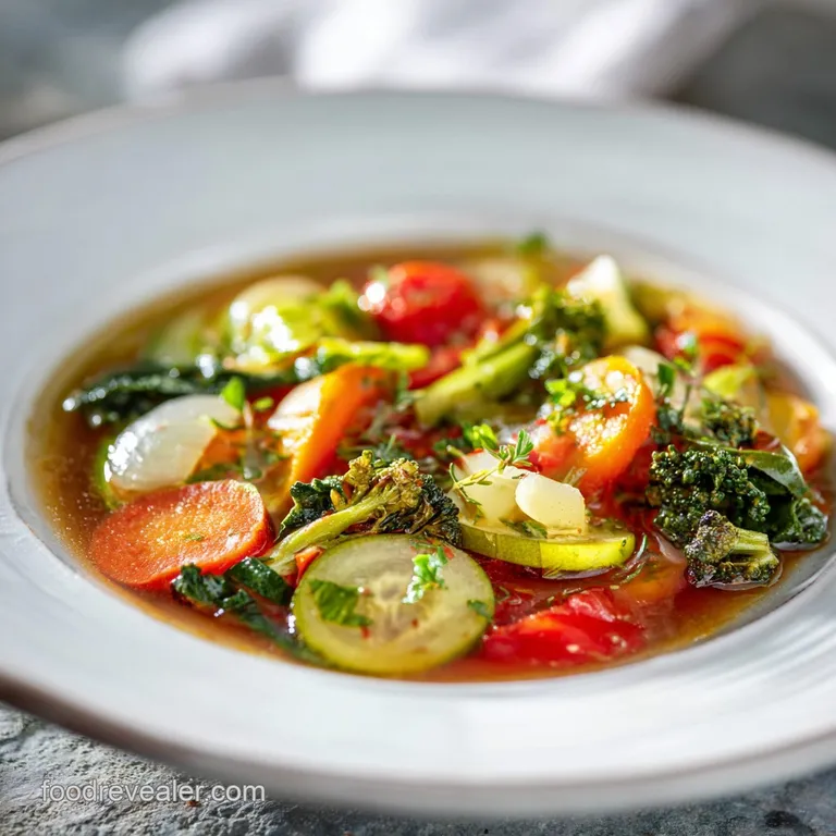 A rustic ceramic bowl filled with colorful, hearty vegetable soup, garnished with fresh parsley on a wooden table.