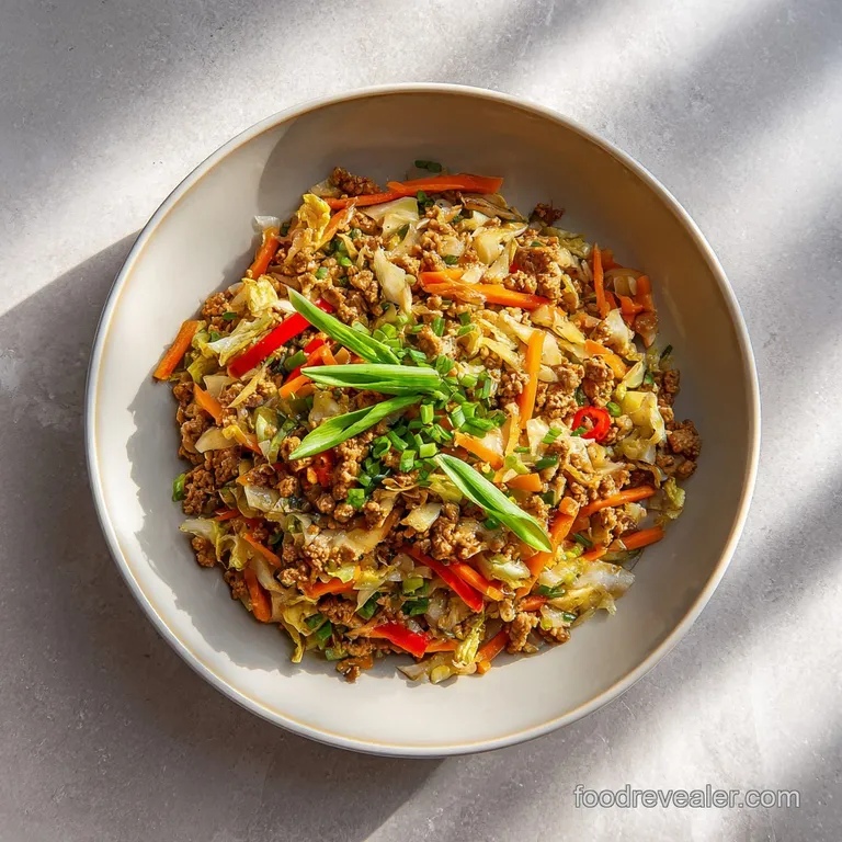 Neatly arranged swirl of shredded cabbage, vibrant vegetables, and seasoned ground turkey.