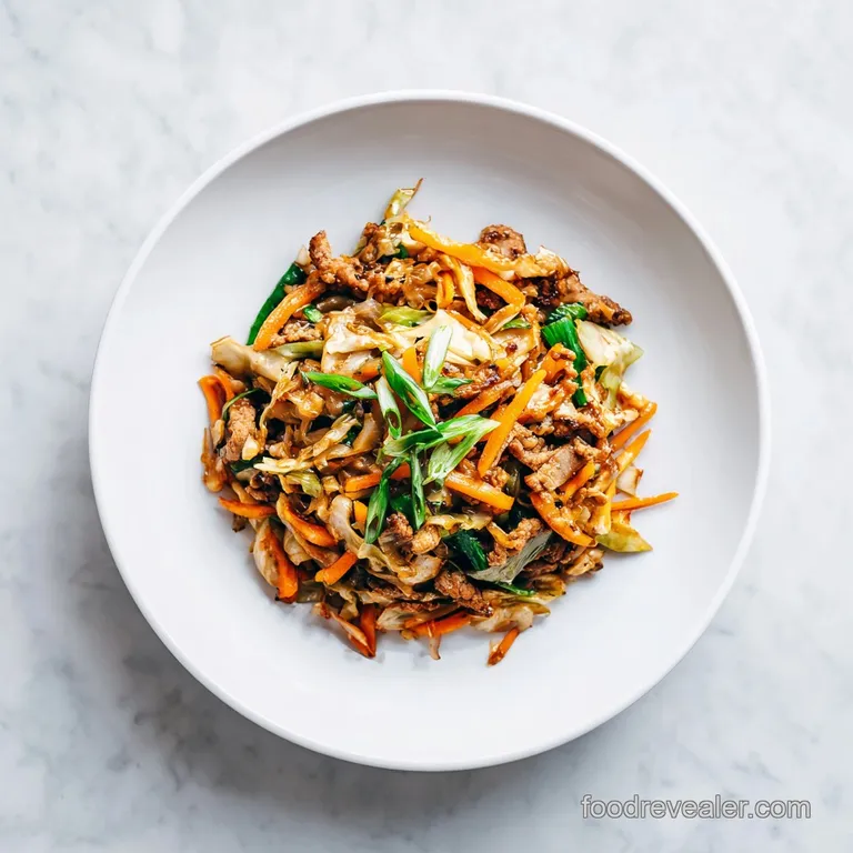 Plated stir fry showing steam; golden-brown egg roll strips, vibrant peppers, glossy sauce on white plate.