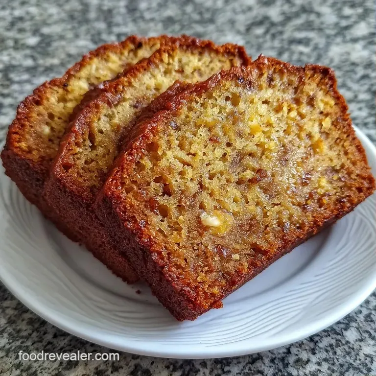 Thick slice of golden-brown cake topped with a creamy dollop of yogurt and fresh banana slices on a white ceramic plate.