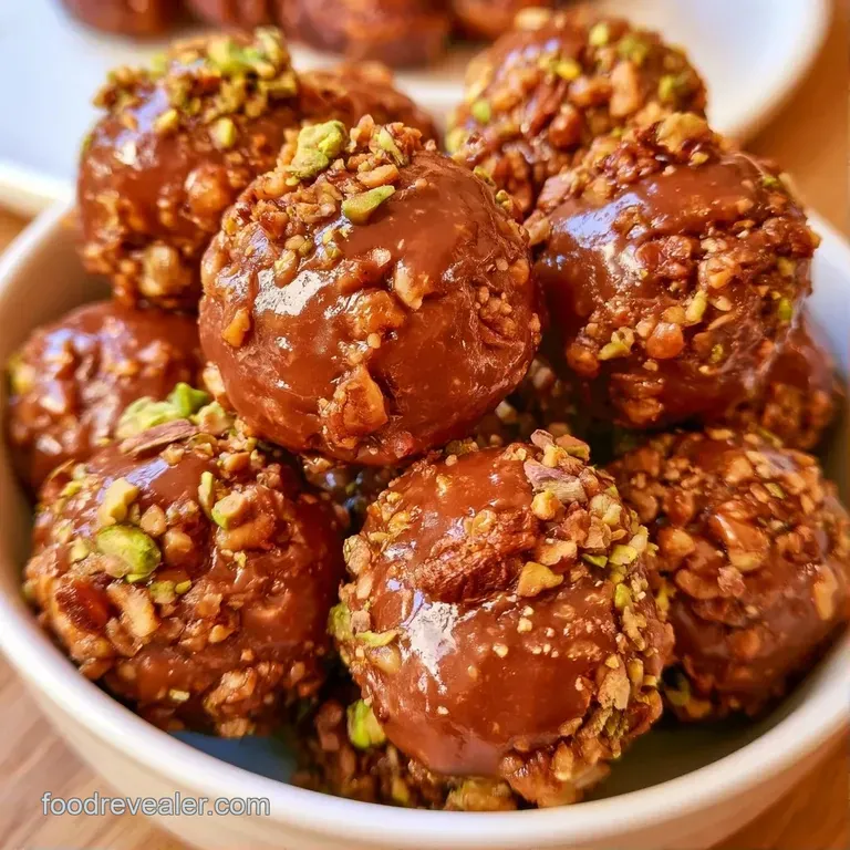 Small, dark brown energy balls stacked on a rustic wooden board, accented by a few whole almonds and mint leaves.