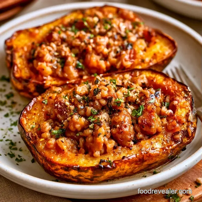 A golden roasted squash bowl filled with hearty meat, set on a white ceramic plate with a sprig of fresh parsley.