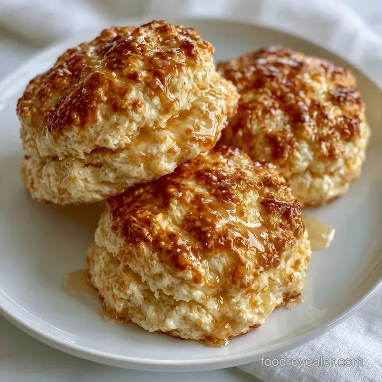 Fluffy, golden biscuits on a white ceramic plate with a melting pat of butter and a drizzle of amber honey.