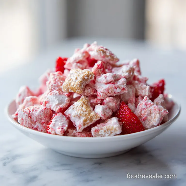 Strawberry puppy chow overflowing from a mason jar; a delightful, vibrant pink dessert perfect for sharing and snacking.