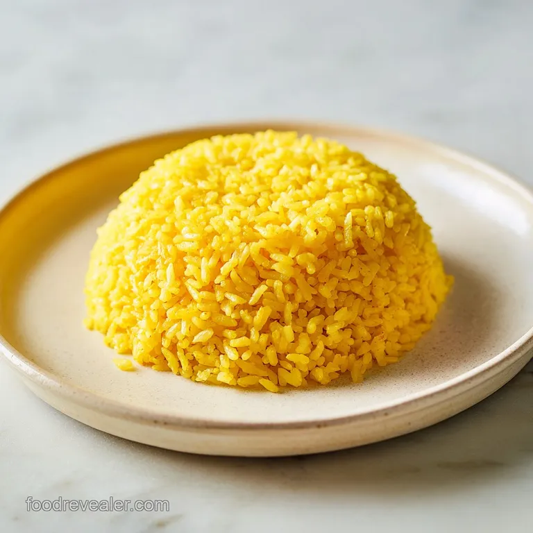 A perfectly portioned mound of turmeric rice, garnished with cilantro, glistens on a white plate, ready to be savored.