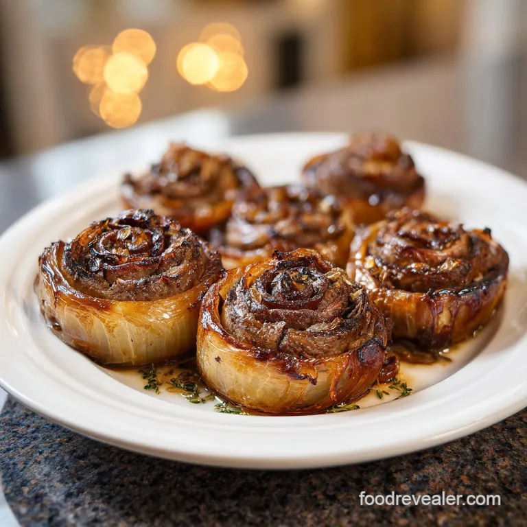 Three seared beef spirals plated on a white ceramic dish with a drizzle of pan sauce and fresh parsley garnish.