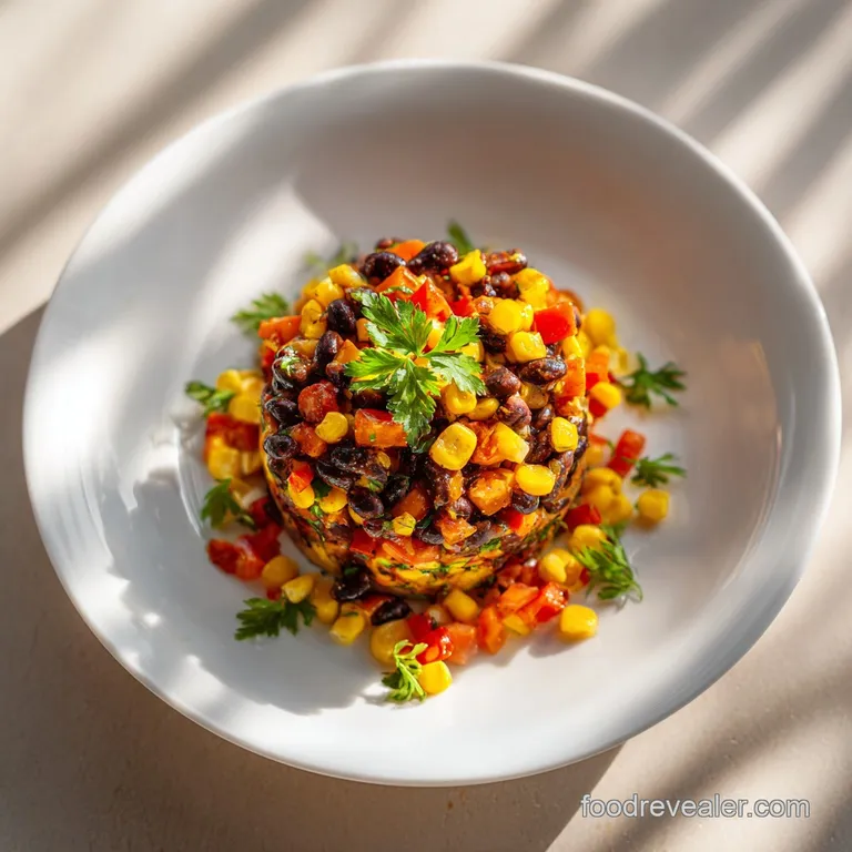 Colorful cowboy caviar scooped into a rustic ceramic bowl, garnished with cilantro.