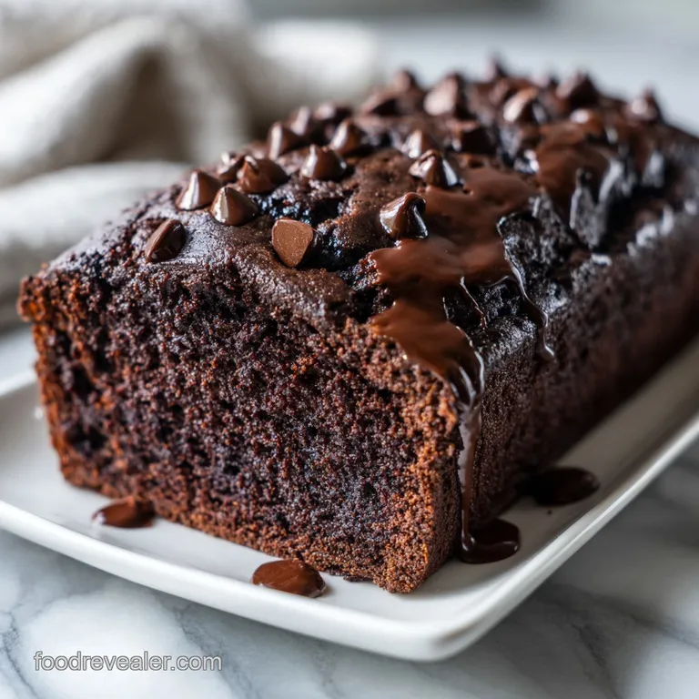 A thick slice of banana bread, warm and moist, sits on a plate with a scattering of chocolate bits and crumbs.