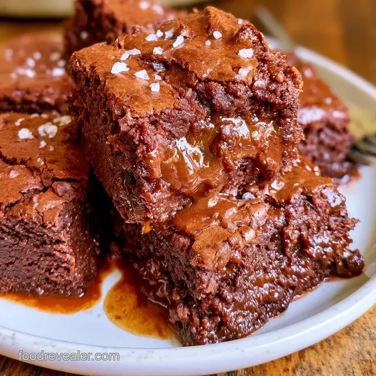 A square slice of dark chocolate fudge cake on a white ceramic plate, dusted with cocoa and a sprig of mint.