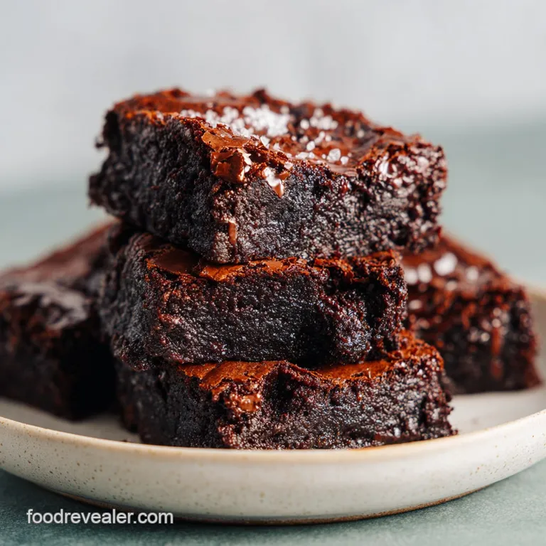 Glossy, fudgy brownie square dusted with cocoa, sits atop a white plate, a tempting dessert against a minimalist backdrop.