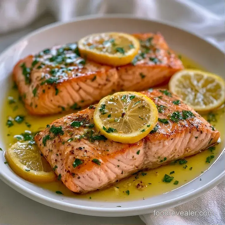 Flaky pink salmon fillet on a white ceramic plate, garnished with fresh lemon slices and bright green parsley.