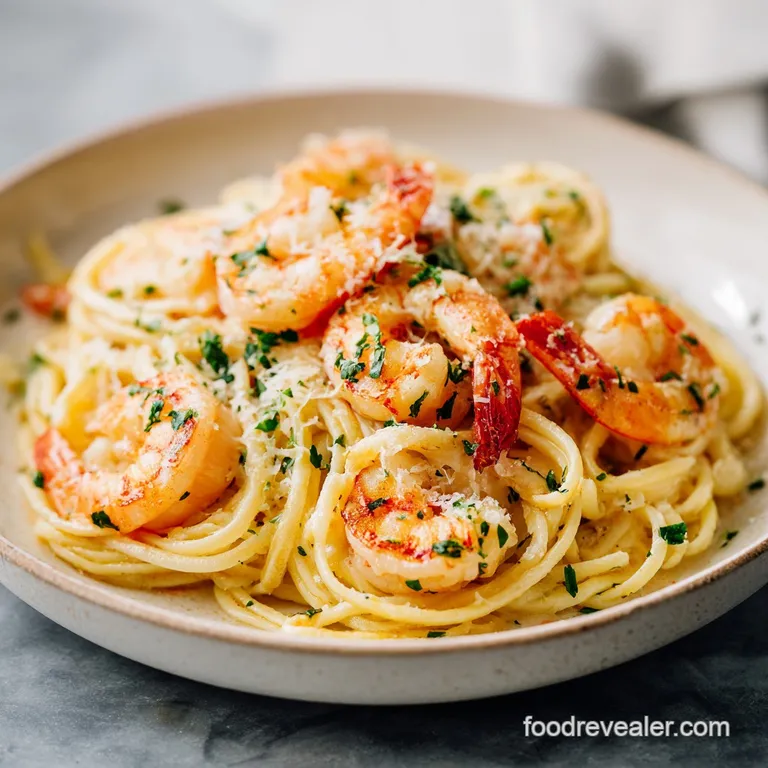 Perfectly swirled pasta nestles plump shrimp, bathed in buttery sauce. A sprinkle of fresh parsley adds bright color to th...
