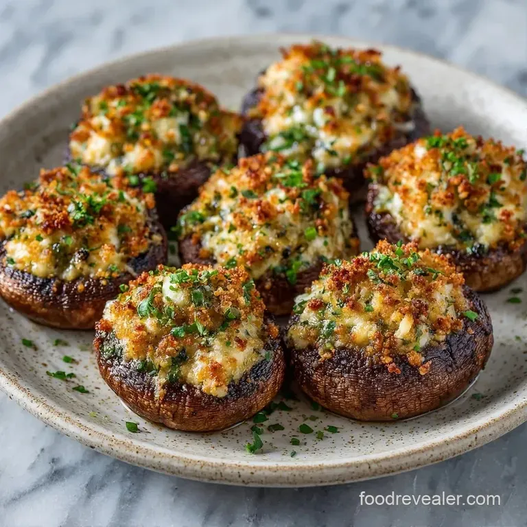 Small, browned mushroom caps filled with gooey cheese, arranged on a slate platter with a sprig of fresh herbs.