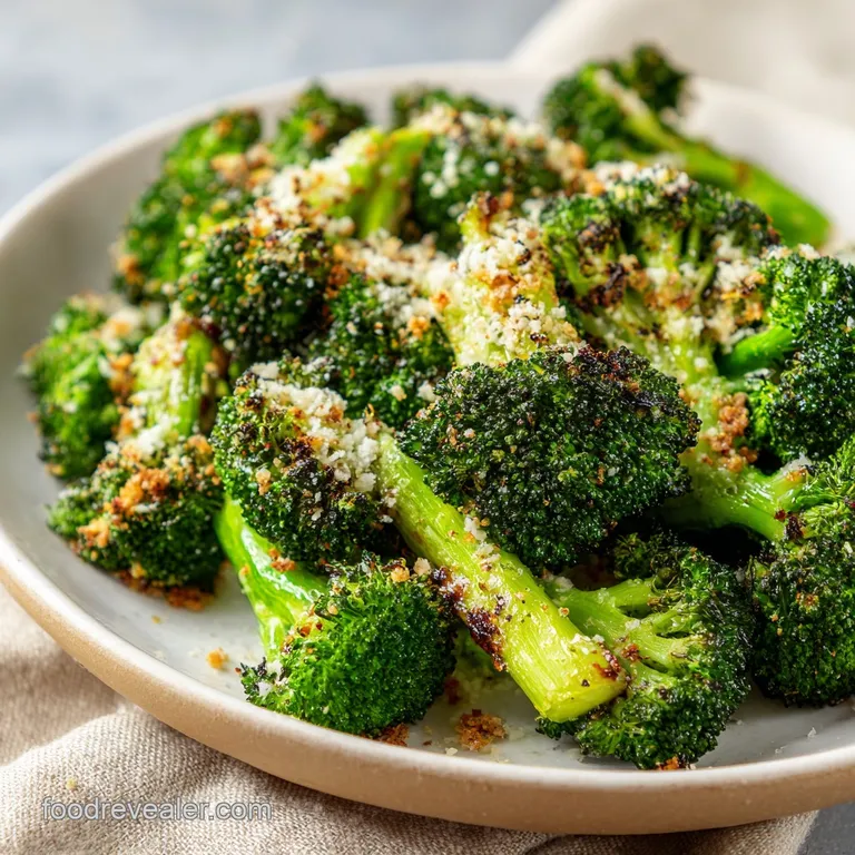 Plated roasted broccoli, sprinkled with parmesan. Crispy edges contrast the tender stems on a white plate.