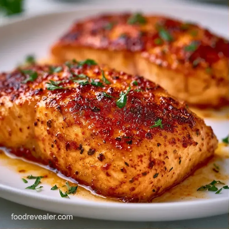 Flaky pink salmon fillet on a white plate, garnished with vibrant green herbs and a bright yellow lemon wedge.