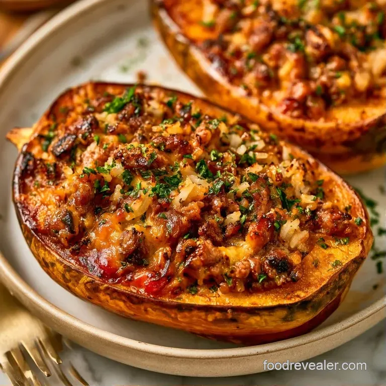 Roasted zucchini boats filled with seasoned beef and melted cheese, garnished with olives on a dark ceramic platter.