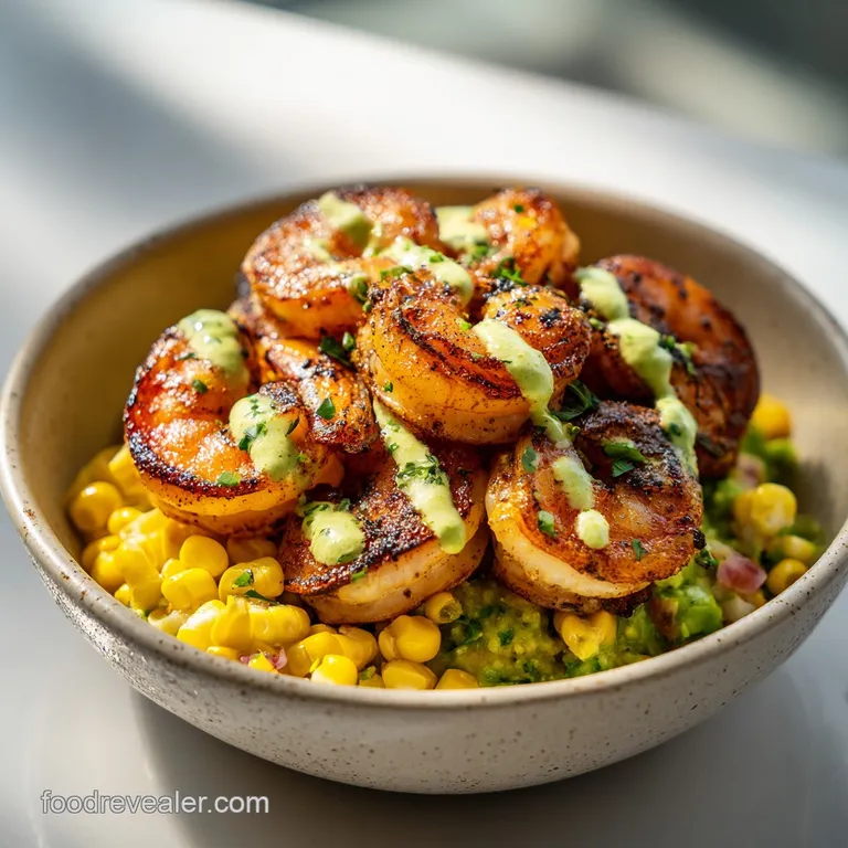 A beautifully arranged bowl showcasing plump grilled shrimp, bright avocado slices, and kernels of corn.