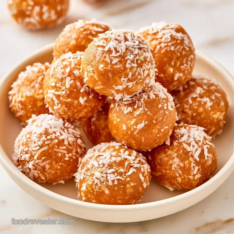 Small, dark brown energy spheres dusted with snowy coconut flakes, stacked elegantly on a dark slate board.