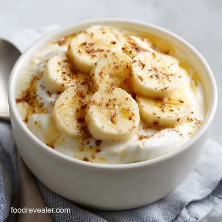 A single serving of soft banana pudding in a glass dish, topped with whipped cream swirls and a dusting of cinnamon.