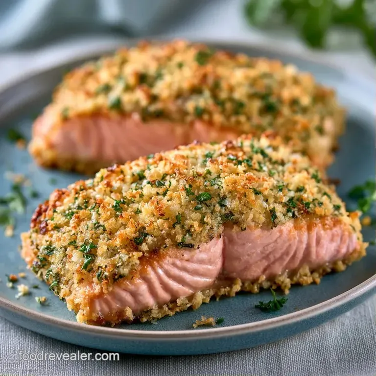 Slices of pink fish topped with a crisp green herb crust, plated elegantly with roasted carrots and a lemon wedge.