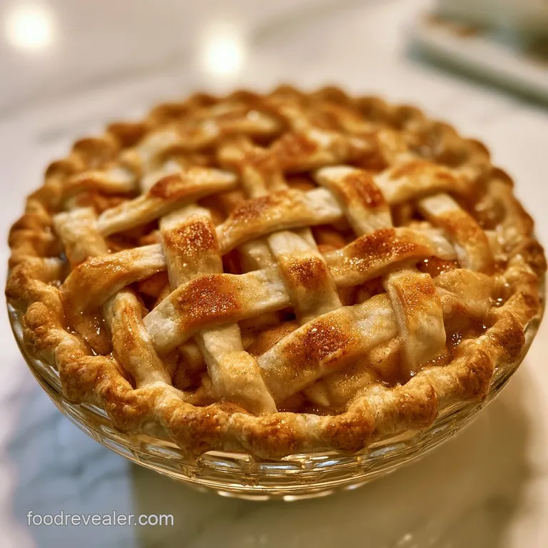A slice of warm apple pie on a white plate, topped with a scoop of melting vanilla bean ice cream and mint.