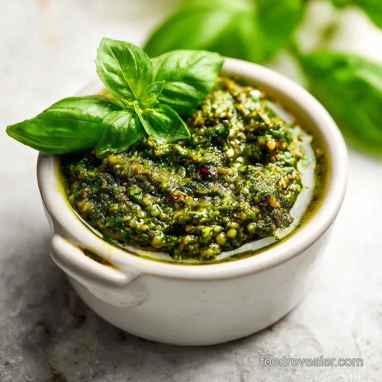 A swirl of bright green pesto artfully dolloped on fresh pasta, garnished with basil.